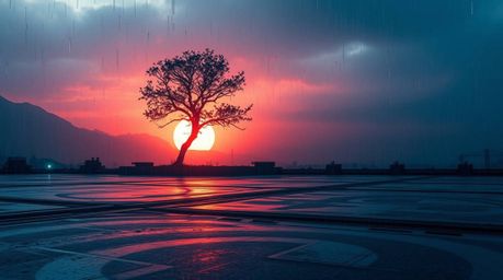 Immerse yourself in a futuristic sci-fi world with this captivating scene. A lone tree stands silhouetted against a vibrant, 