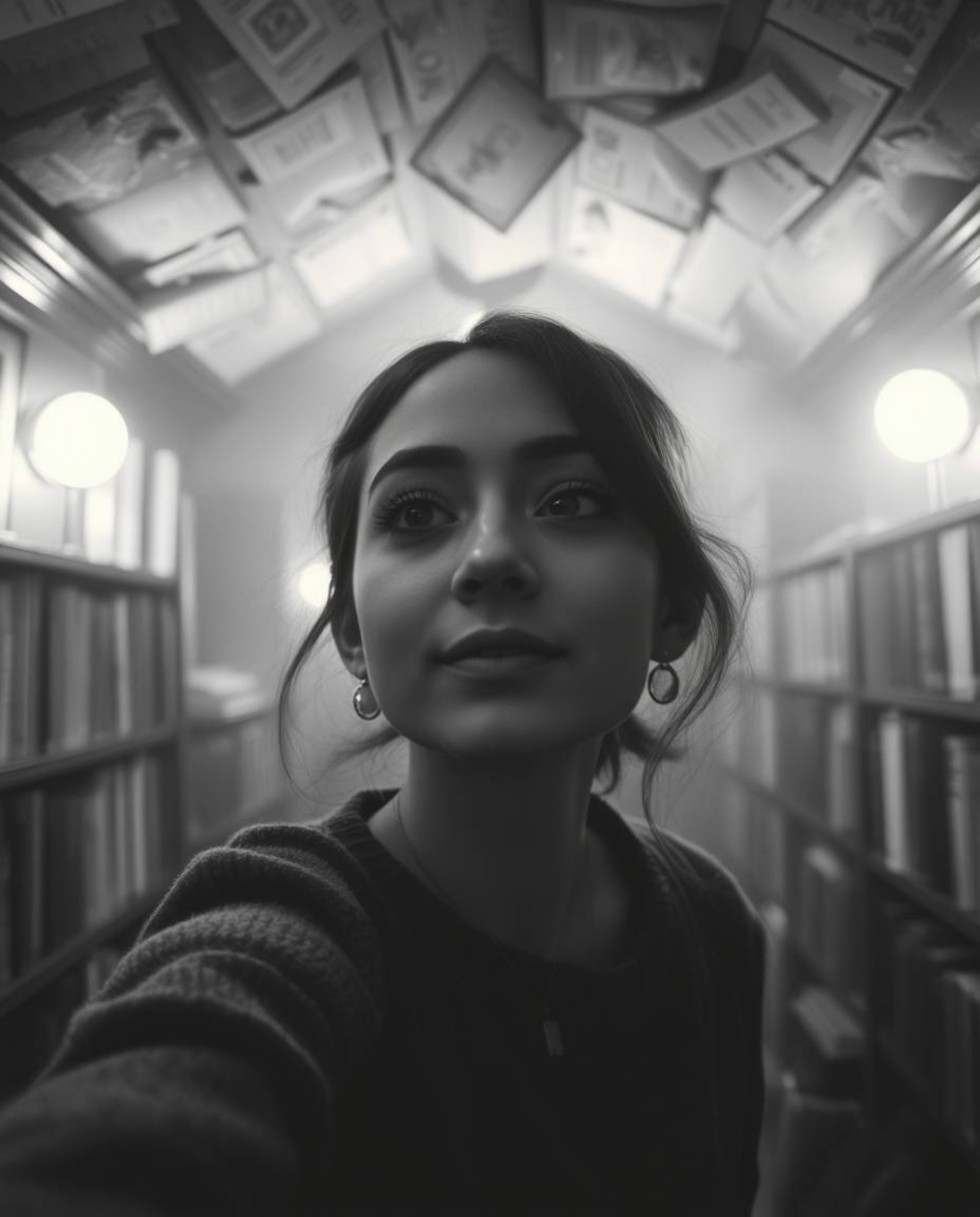 A charming individual stumbles upon a clandestine underground library, rendered in classic black and white. The scene is bath
