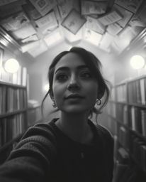 A charming individual stumbles upon a clandestine underground library, rendered in classic black and white. The scene is bath