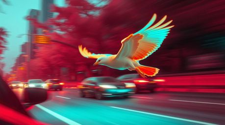 Imagine a fast-running bird, captured in surreal infrared tones, zooming past traffic with a captivating bioluminescent glow.