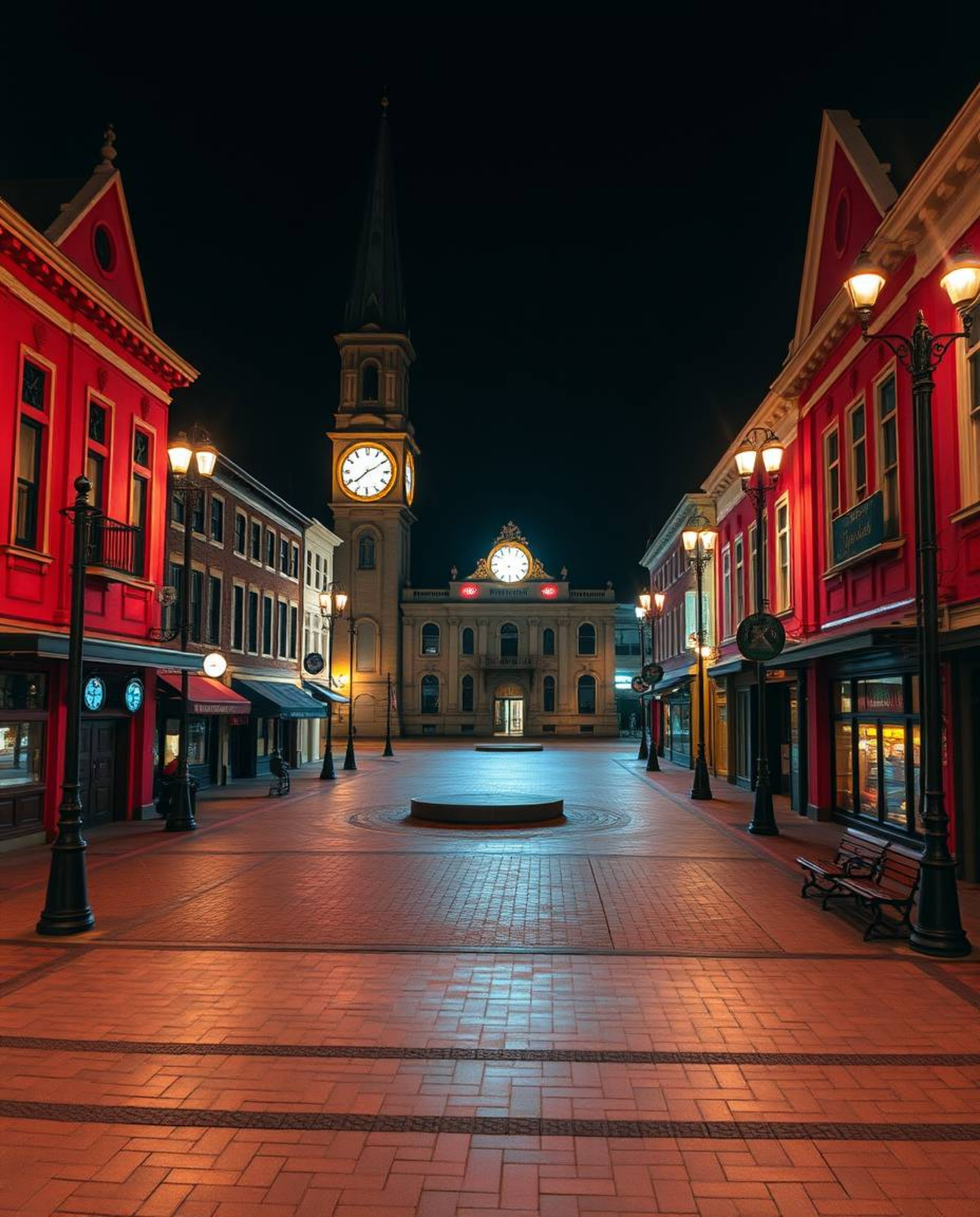 This image captures a scene of serene emptiness: an empty town square accentuated by the constant reminder of ticking clocks.