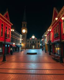 This image captures a scene of serene emptiness: an empty town square accentuated by the constant reminder of ticking clocks.