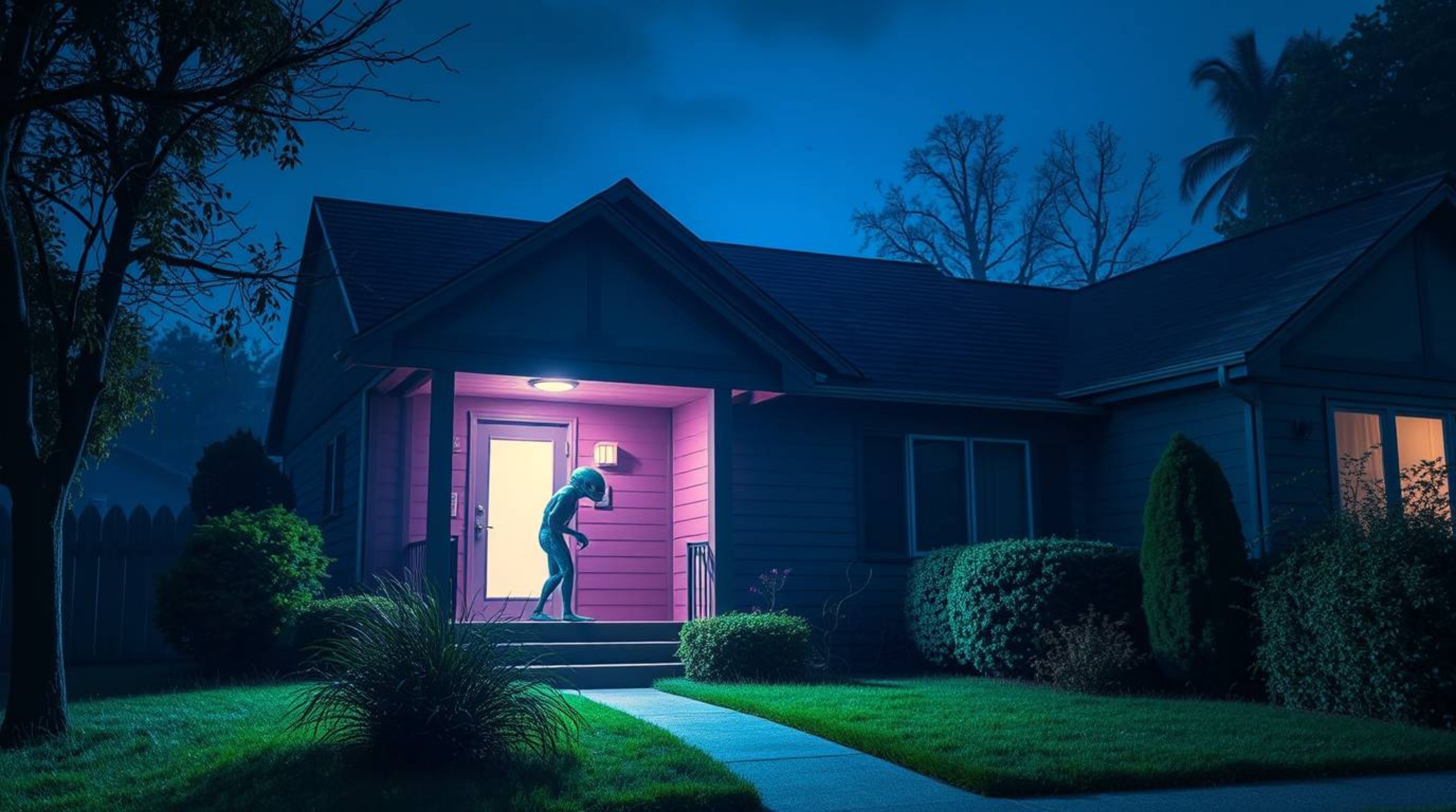 A captivating image depicts a cool-toned alien residing in a suburban house, bathed in strong, hard light. Blues, greens, and