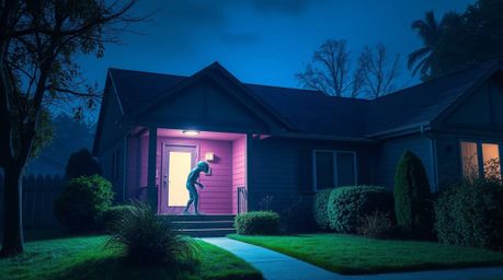 A captivating image depicts a cool-toned alien residing in a suburban house, bathed in strong, hard light. Blues, greens, and