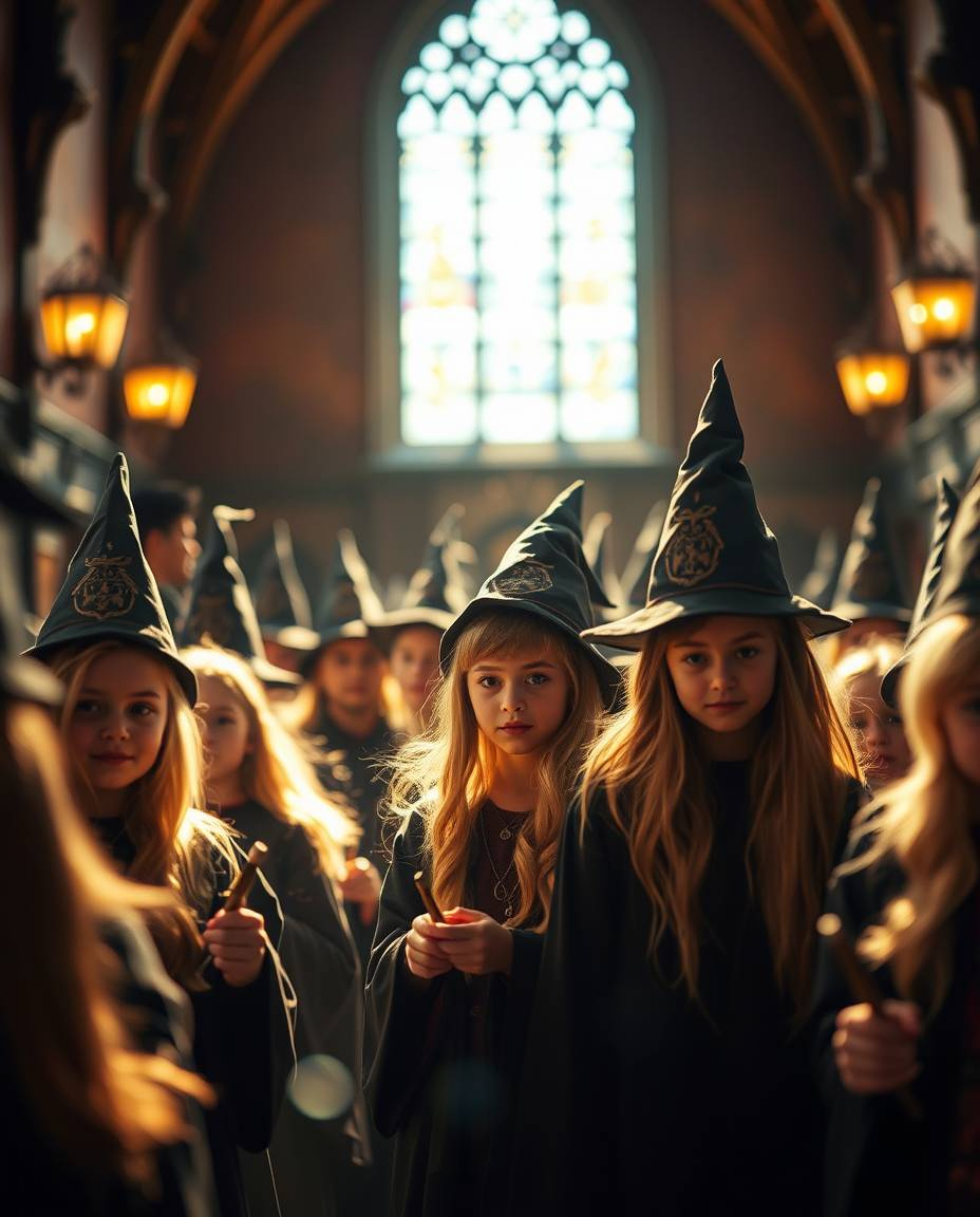 Explore a magical school brimming with radiant young wizards, bathed in a warm golden glow and featuring a captivating blurre