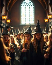 Explore a magical school brimming with radiant young wizards, bathed in a warm golden glow and featuring a captivating blurre