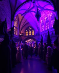 Immerse yourself in a magical school bathed in deep ultraviolet hues, where young wizards hone their craft. Artistic lighting