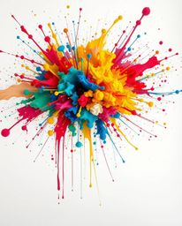 A vibrant explosion of colorful paint splashes across a pristine white canvas, rendered in high detail and capturing the esse
