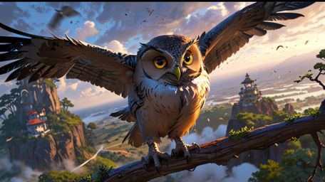 A mystical and atmospheric scene, rendered in a captivating blend of Pixar and anime styles. High atop a lookout tree, shroud