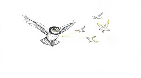 A heartwarming scene depicted in a hand-drawn Pixar style sketch features a blind owl mid-flight, guiding a group of birds as