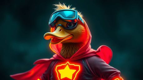 Witness a duck in a zany costume, embracing the persona of a superhero, brought to life with moody aesthetics and captivating