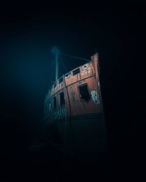 Explore the depths with this dramatic, cinematic underwater photograph of a shipwreck, bathed in low contrast and strong mood
