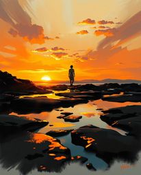 A close-up digital sketch in a fantasy style captures a backlit silhouette against a sunset sky mirrored in tidal pools. Pres