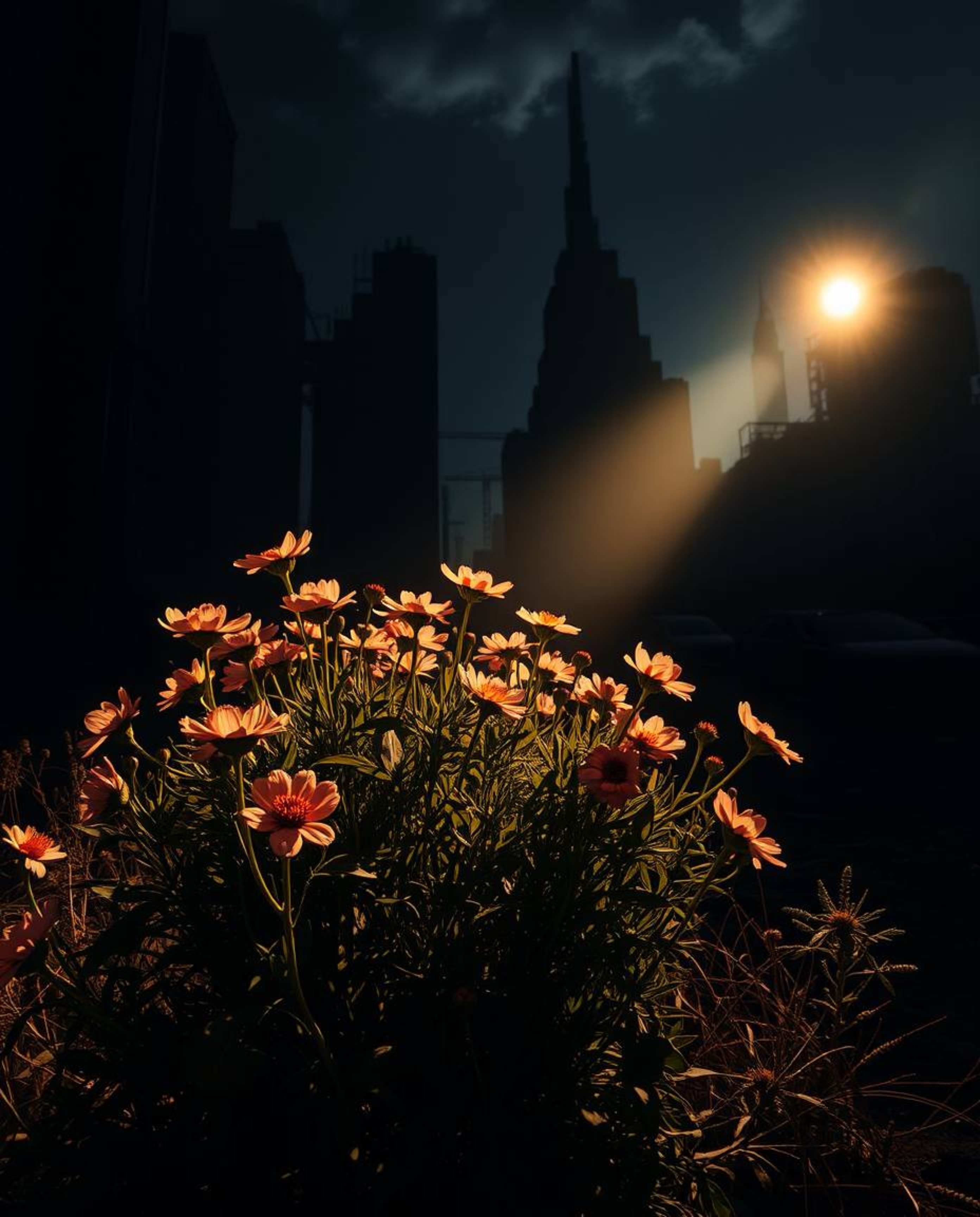 A striking image of resilience and beauty, showcasing flowers blooming in the stark landscape of a post-apocalyptic city. Bat