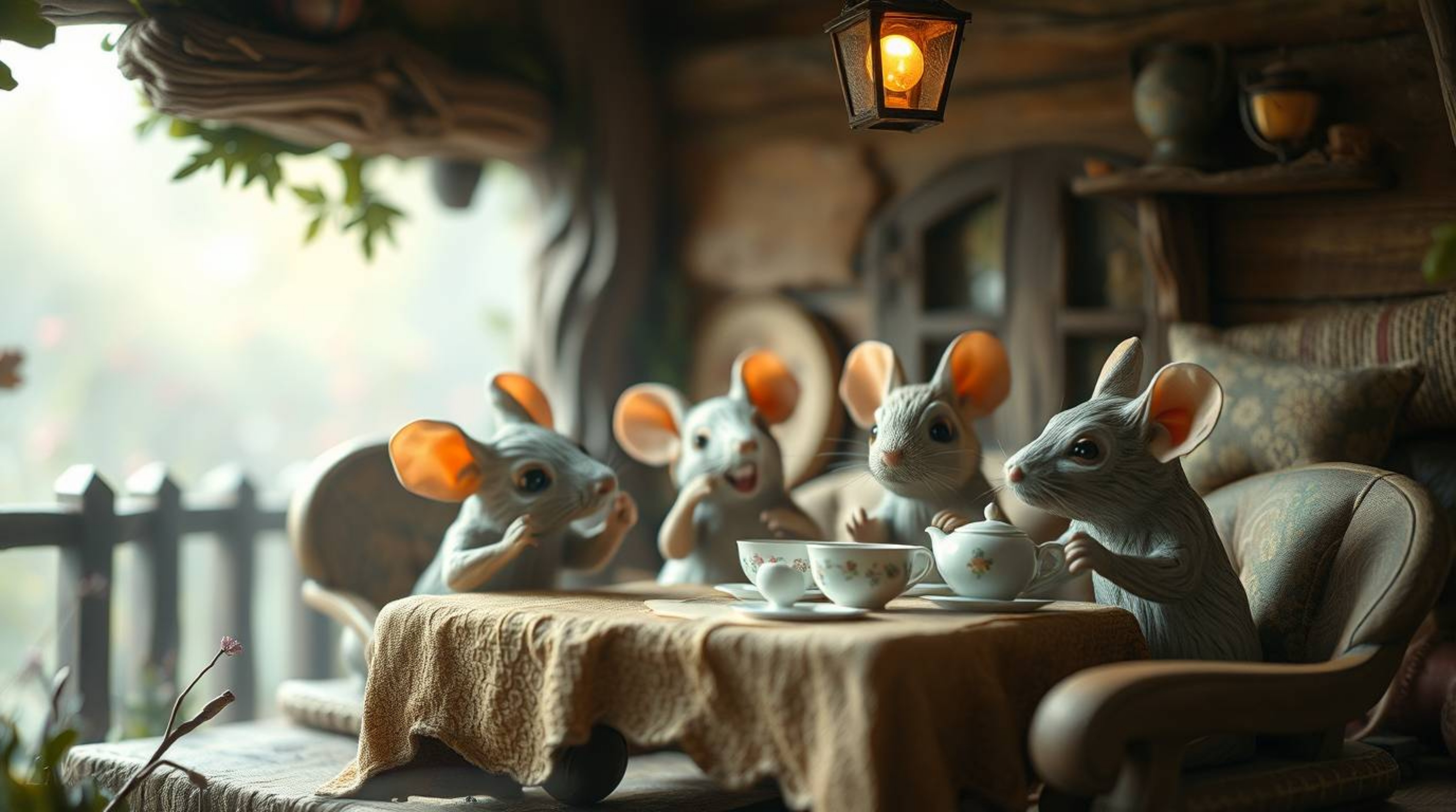 A whimsical scene depicting anthropomorphic mice enjoying a tea party in a cozy cottage, rendered with a soft cinematic haze 