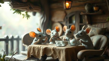A whimsical scene depicting anthropomorphic mice enjoying a tea party in a cozy cottage, rendered with a soft cinematic haze 