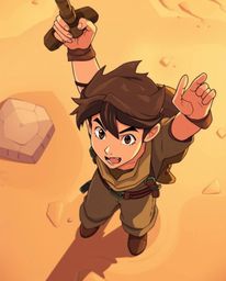 Explore a stunning, high-angle anime-style illustration featuring a brave Disney-esque hero embarking on a thrilling desert a