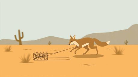 A coyote dynamically setting a trap in the desert, depicted in a modern flat design style. The artwork features simple, two-d