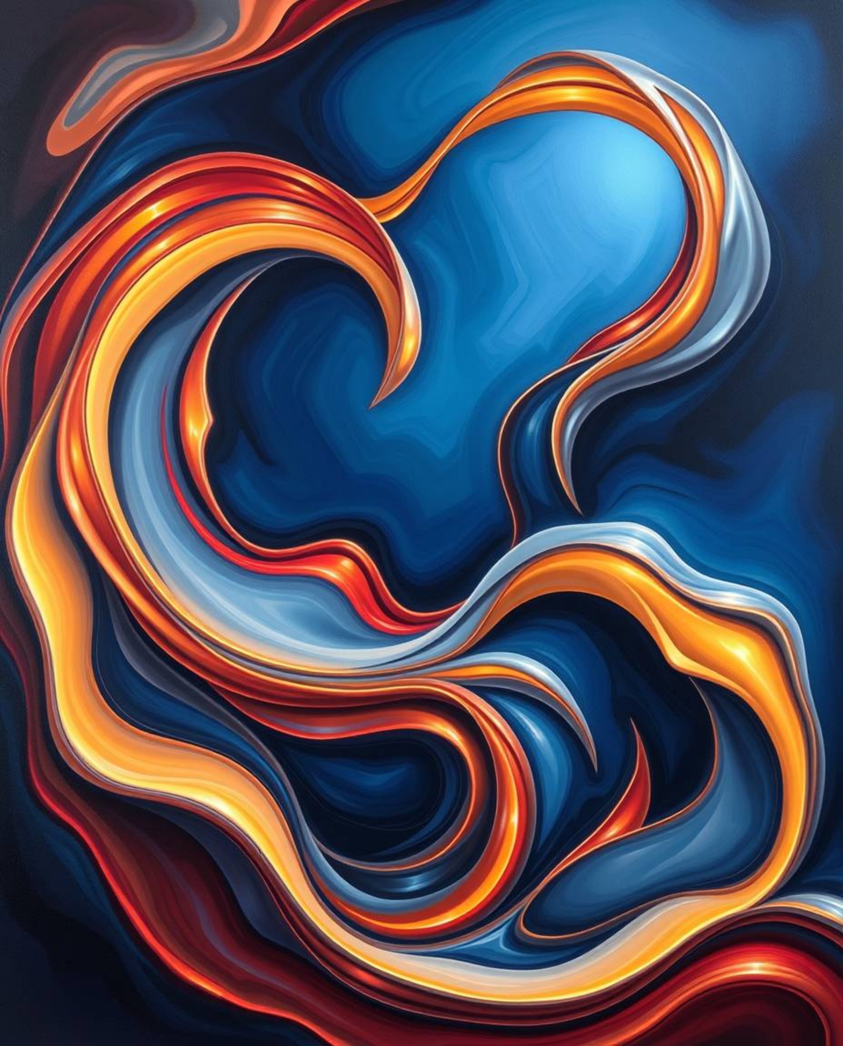 This stunning artwork combines classic oil painting techniques with futuristic 3D fluid shapes, creating a mesmerizing visual