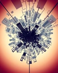 This image showcases an abstract city map composed of geometric shapes, viewed from a dramatic low-angle perspective. The bot