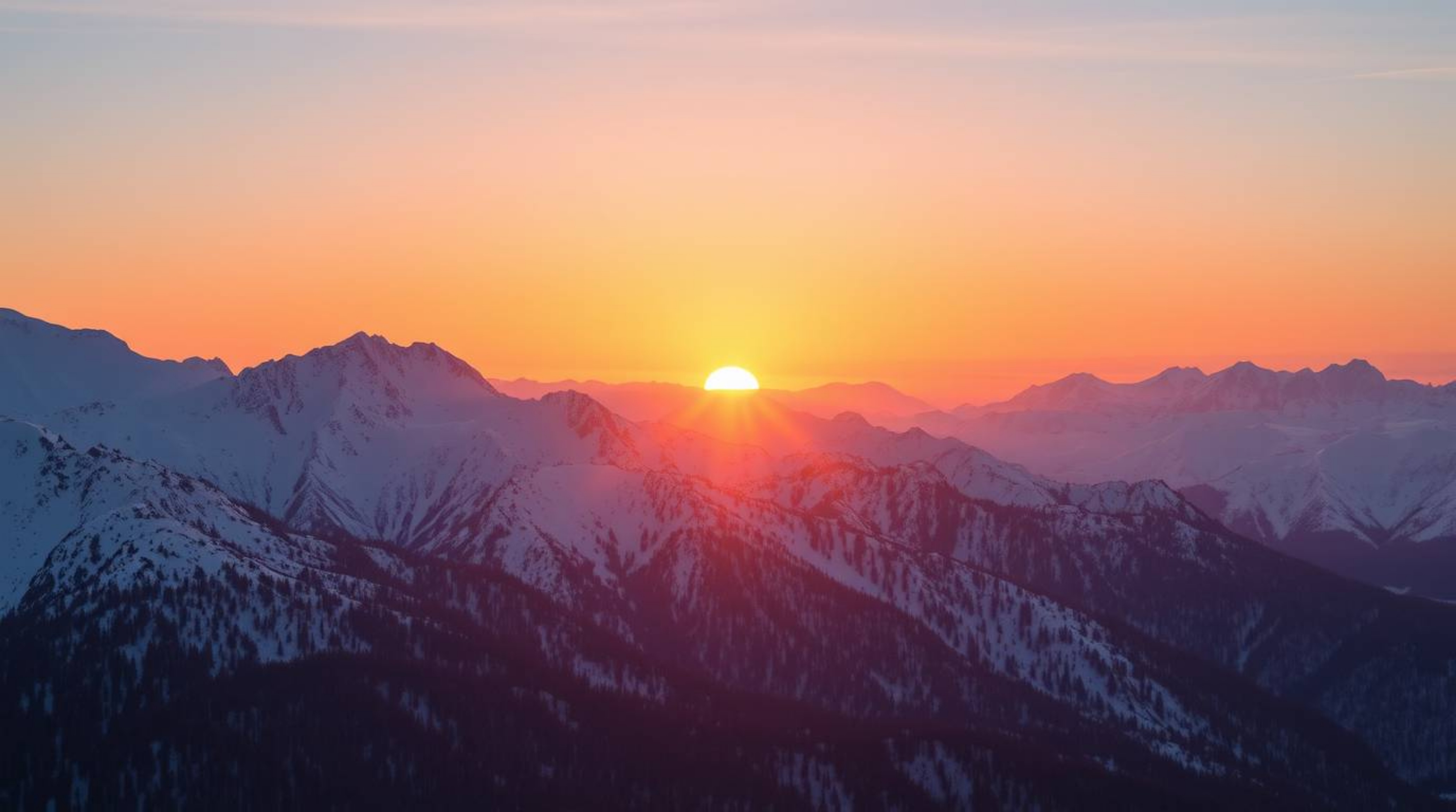 Experience the awe-inspiring beauty of snow-covered mountains illuminated by a pastel sunset in this striking image. The scen
