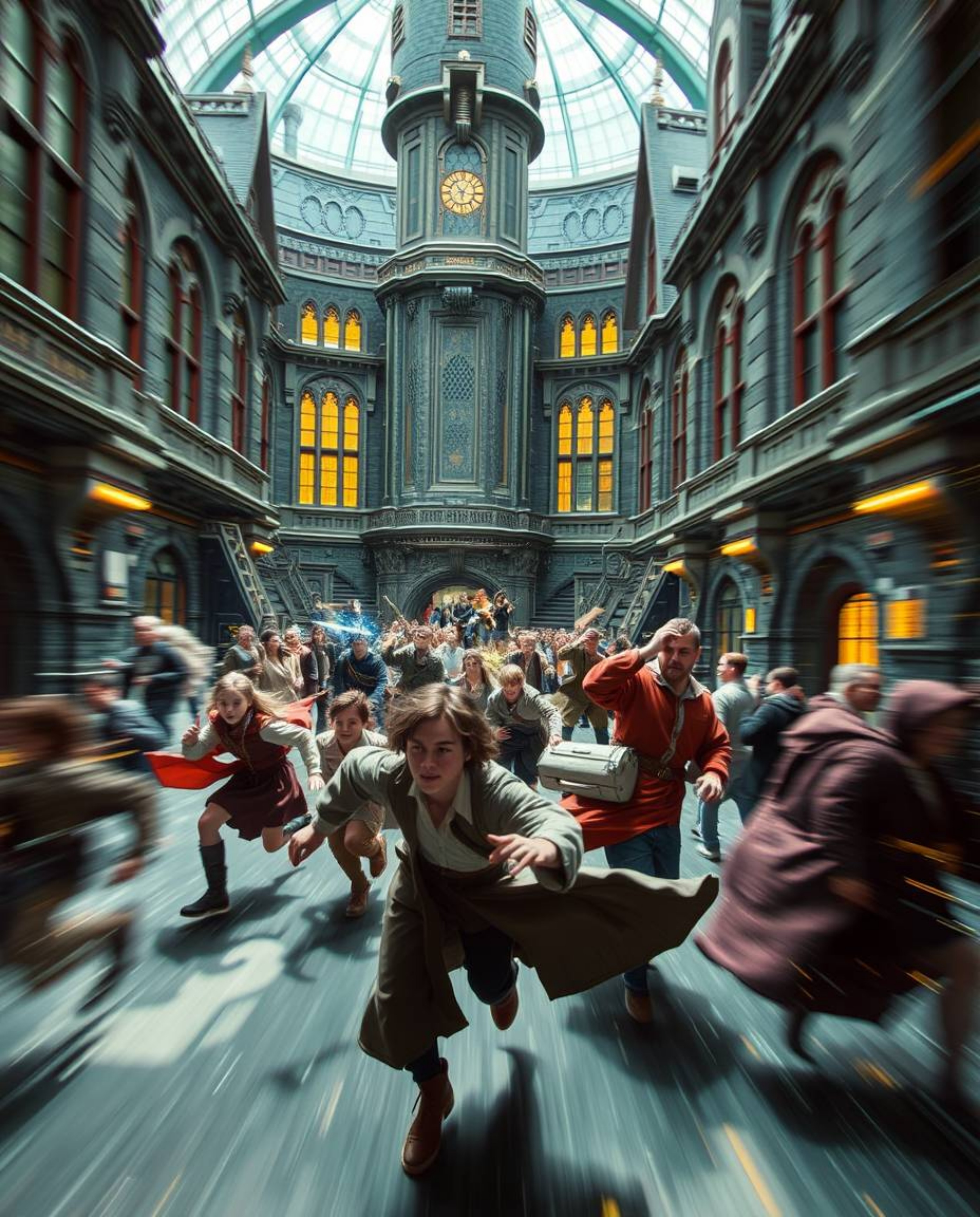 Explore a magical school brimming with young wizards, depicted in a dynamic and futuristic sci-fi style. Advanced technology 