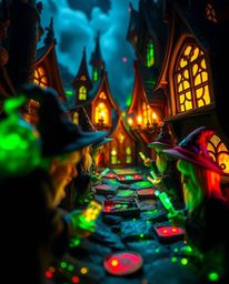 Explore a fantastical magical school in extreme macro close-up, showcasing young wizards amidst a vibrant, bioluminescent env