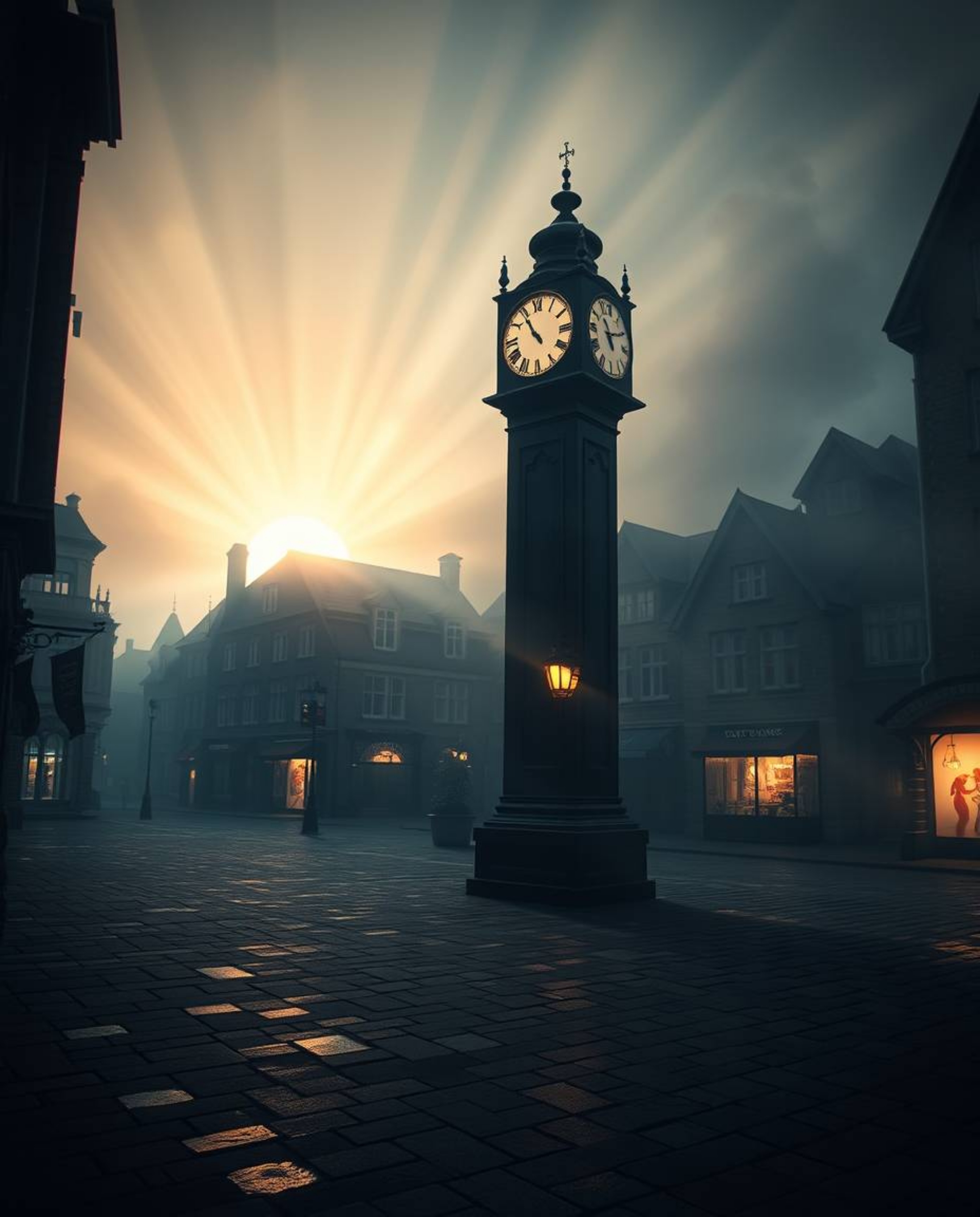 A captivating digital rendering showcases an empty town square bathed in volumetric lighting.  Ticking clocks punctuate the s