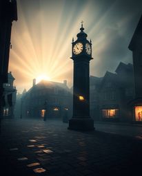A captivating digital rendering showcases an empty town square bathed in volumetric lighting.  Ticking clocks punctuate the s