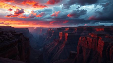 A stunning digital painting depicting a rocky canyon bathed in warm sunset hues.  The rich burgundy and deep blue tones creat
