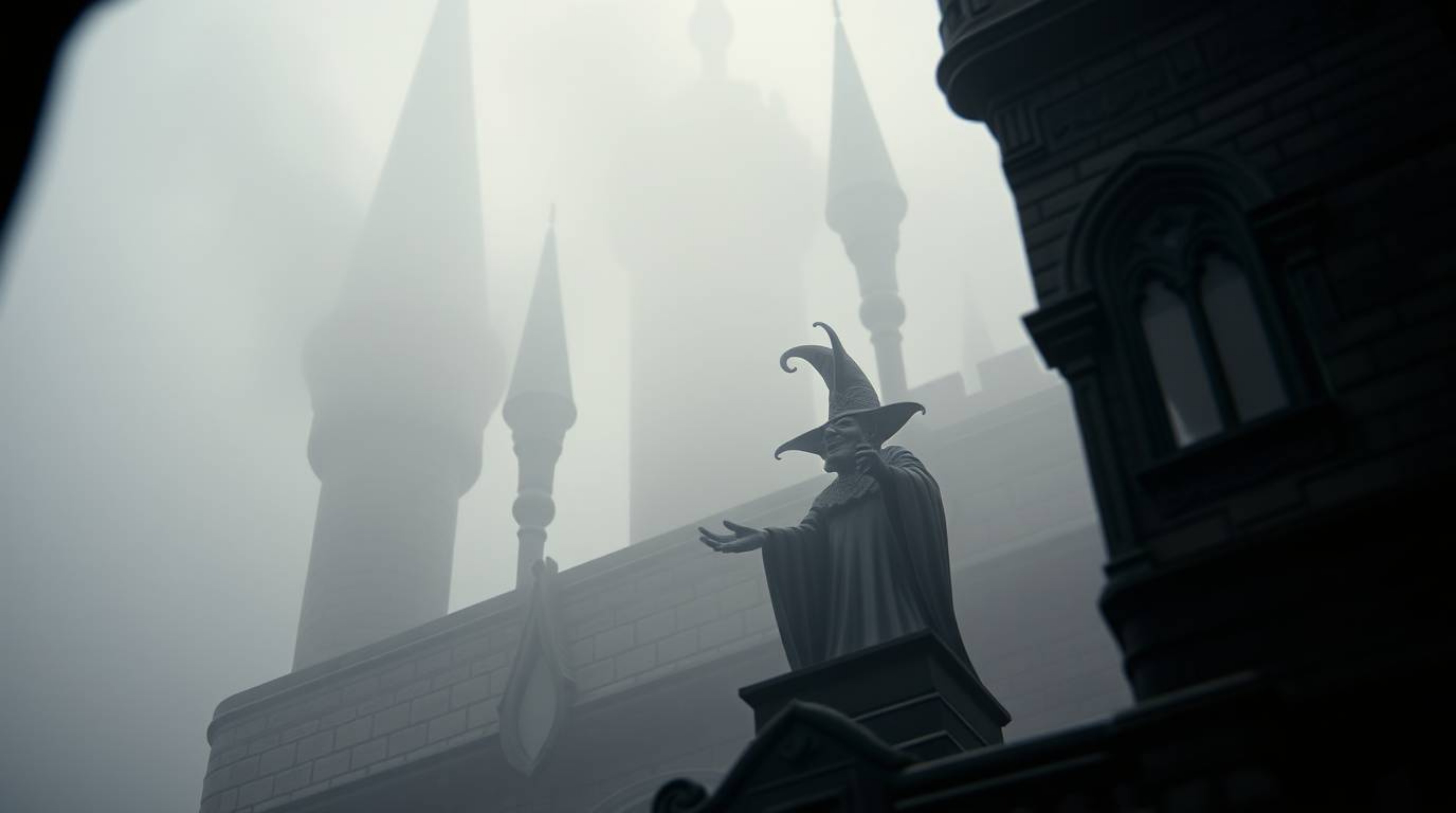 An extreme macro close-up reveals a Disney villain casting a spell within an ancient castle, shrouded in thick fog. Sharp li