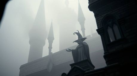 An extreme macro close-up reveals a Disney villain casting a spell within an ancient castle, shrouded in thick fog. Sharp li