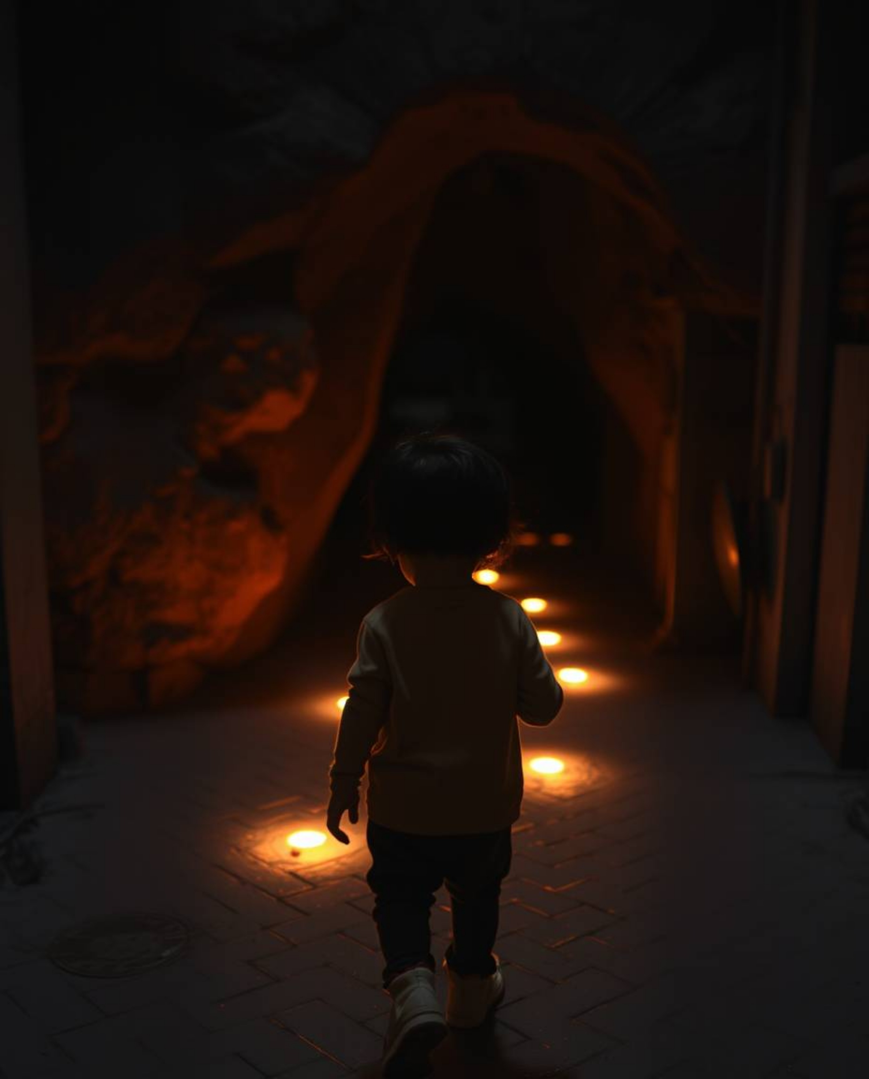 A hauntingly beautiful candid street photograph captures an eerie atmosphere as a child with dark hair follows glowing, sligh