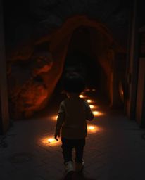 A hauntingly beautiful candid street photograph captures an eerie atmosphere as a child with dark hair follows glowing, sligh