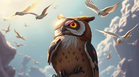 A captivating sci-fi illustration showcases a Pixar-style blind owl, ingeniously using advanced technology and space elements