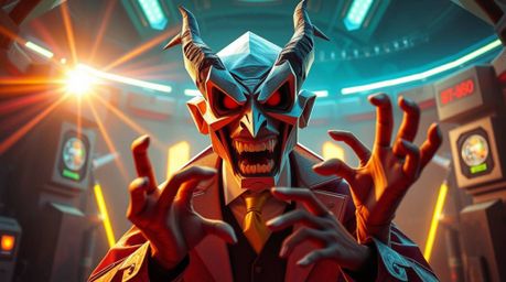 Witness a hilarious villain's mental unraveling within a sophisticated, high-tech lair, all rendered in a stunning origami-in