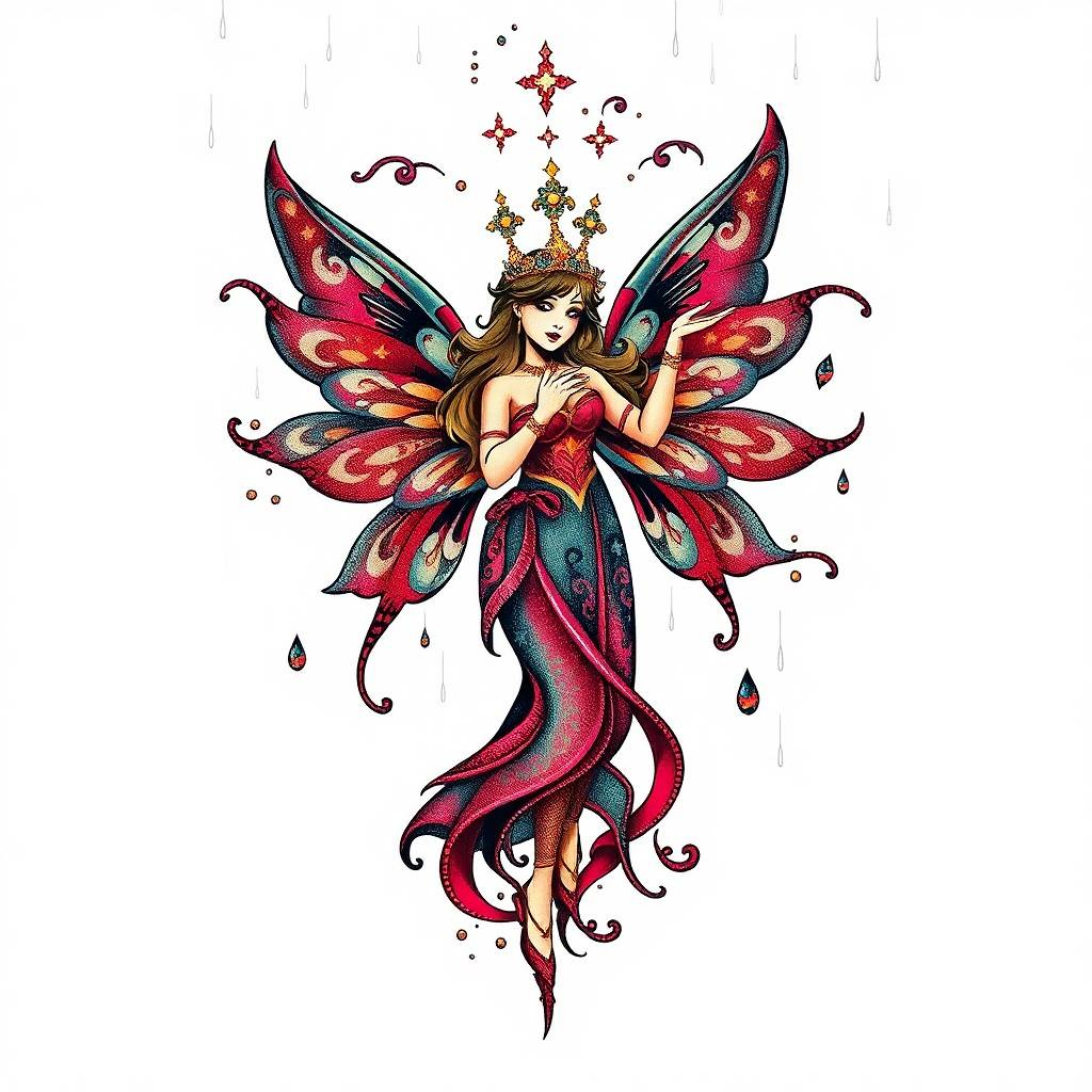 This vibrant tattoo art print features a fairy godmother emerging from a swirling sparkle, showcasing a retro flair and compl