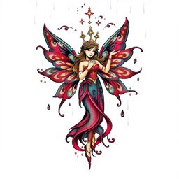 This vibrant tattoo art print features a fairy godmother emerging from a swirling sparkle, showcasing a retro flair and compl