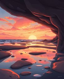 An illustration captures a sunset sky mirrored in the tidal pools on a beach, rendered in an adorable style with charming fea