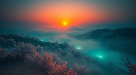 Experience the surreal beauty of fog-covered hills bathed in the vibrant glow of a sunset, captured in stunning 8k resolution