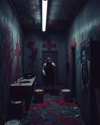 A candid street photography shot capturing the eerie and creepy atmosphere of a room exploding with paint in an urban setting
