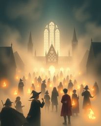 Immerse yourself in an ethereal and spiritual illustration of a magical school teeming with young wizards, veiled in a thick,