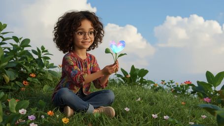 A highly detailed, high-resolution stock photo features a bright-eyed, curly-haired young girl with oversized glasses, sittin