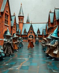 Discover a captivating image of a magical school brimming with young wizards. Rendered in warm terracotta and cool teal on a