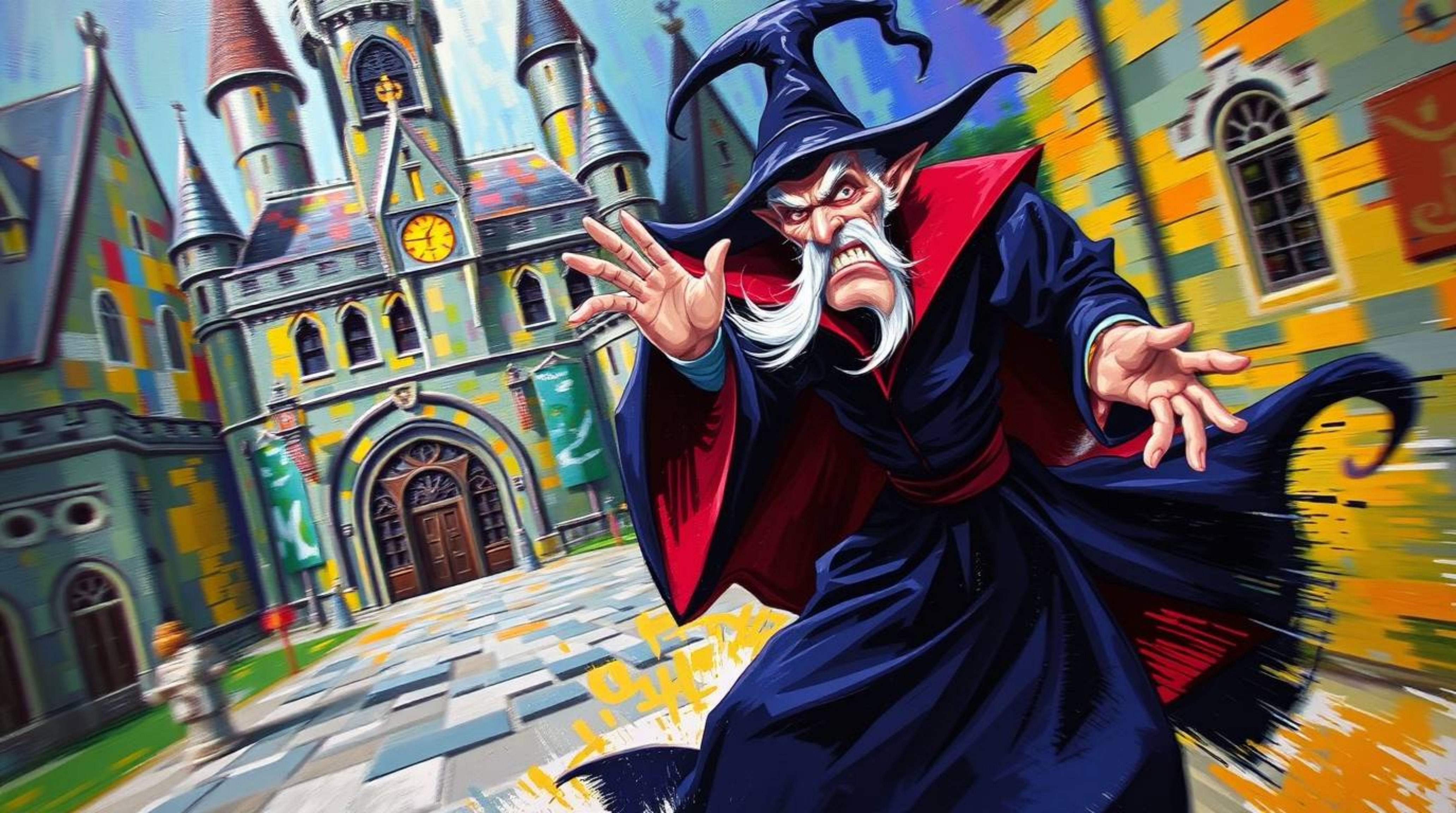 A bold and dynamic acrylic painting capturing a classic Disney villain in motion, casting a spell within the walls of an old