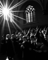 A timeless and elegant black and white photograph capturing a magical school brimming with young wizards. The image features 