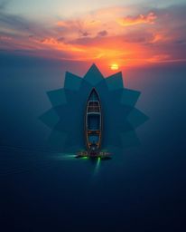 From an overhead view, this bioluminescent logo depicts a boat drifting on a sunset lake. The design is rendered in vibrant g