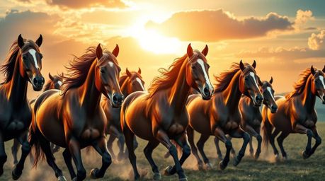 A breathtaking image showcases a herd of wild horses gracefully running under a vibrant, glowing teal sky.  The rich color pa
