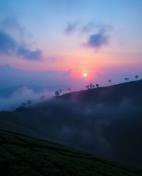 A dreamy and enchanting sunset over terraced tea plantations, captured in a cool color palette of blues, greens, and purples.