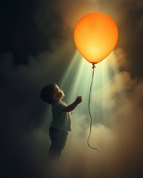 Immerse yourself in a surreal dreamscape featuring a child holding a balloon, illuminated by volumetric lighting piercing thr